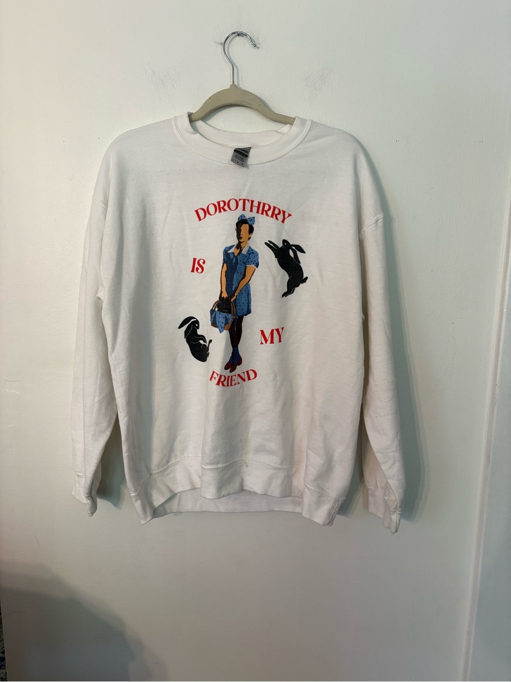 Gildan White Crewneck Sweatshirt with Red Text and Blue Graphic